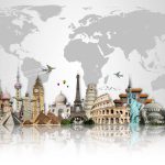 پوستر دیواری سه‌بعدی بناهای معروف جهان با نقشه جهانی