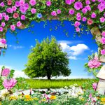 پوستر دیواری سه‌بعدی درخت شکوفه‌دار با آسمان آبی