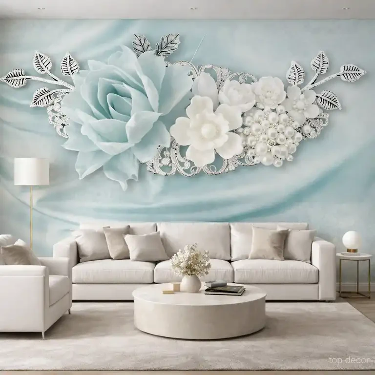 پوستر دیواری گل سه بعدی فیروزه‌ای مرواریدی لوکس