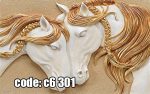 پوستر دیواری سه‌بعدی طرح اسب‌های گچی طلایی (لوکس و برجسته)