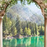 پوستر دیواری سه‌بعدی منظره دریاچه و بالکن کلاسیک | نمایی رویایی و آرامش‌بخش