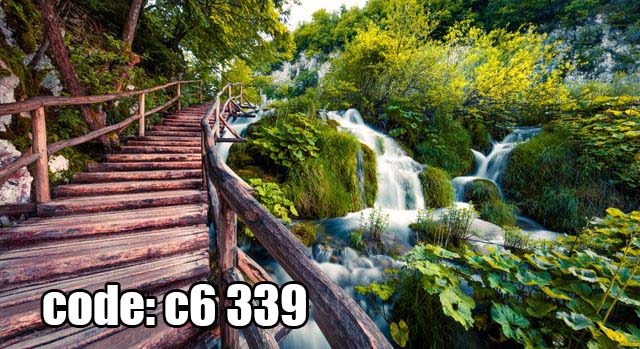 پوستر دیواری مسیر جنگلی و آبشار | طبیعت سبز با پل چوبی