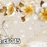 پوستر دیواری قو و گل‌های سه‌بعدی | طرح لوکس مرواریدی با حس آرامش