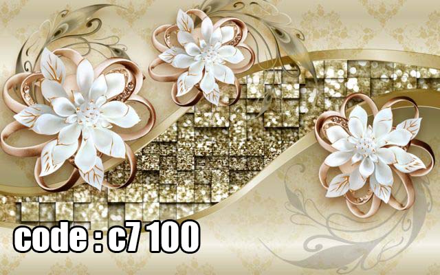 پوستر دیواری سه‌بعدی گل‌های صدفی سفید با موج‌های طلایی لوکس