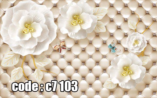 پوستر دیواری سه‌بعدی گل‌های صدفی سفید با زمینه لمسه‌دوزی و نگین لوکس