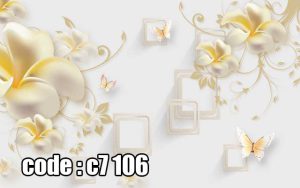 پوستر دیواری سه‌بعدی گل‌های طلایی کرمی با پروانه‌های ظریف و طرح هندسی مدرن