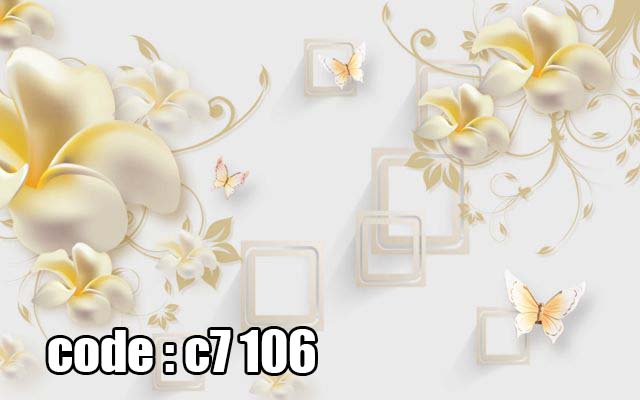 پوستر دیواری سه‌بعدی گل‌های طلایی کرمی با پروانه‌های ظریف و طرح هندسی مدرن