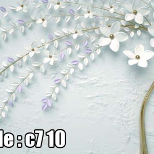 پوستر دیواری سه‌بعدی گل‌های سفید لوکس با شاخه طلایی