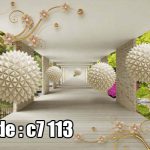 پوستر دیواری سه‌بعدی راهروی بی‌نهایت با کره‌های هندسی و طبیعت سبز مدرن