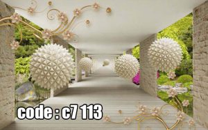 پوستر دیواری سه‌بعدی راهروی بی‌نهایت با کره‌های هندسی و طبیعت سبز مدرن