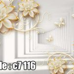 پوستر دیواری سه‌بعدی گل‌های سفید طلایی با طرح راهروی عمق‌دار لوکس