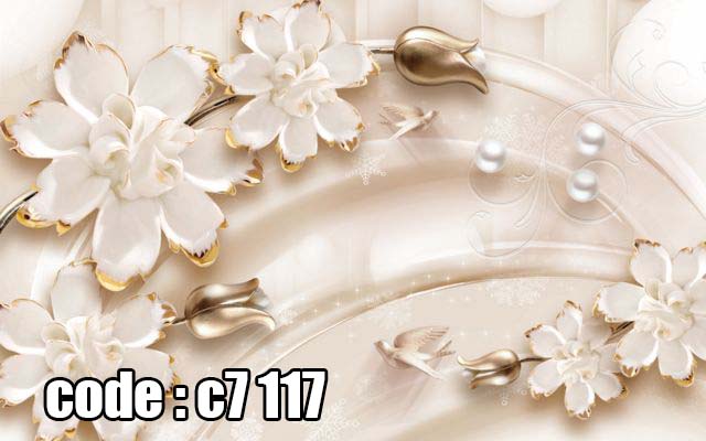 پوستر دیواری سه بعدی گل سفید طلایی با زمینه کرم مرواریدی