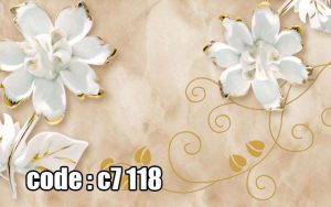 پوستر دیواری سه‌بعدی گل‌های سفید با حاشیه طلایی روی مرمر کرم (لوکس)