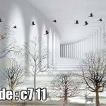 پوستر دیواری سه‌بعدی طرح راهروی بی‌نهایت با درختان و پرندگان