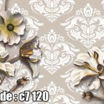 پوستر دیواری سه‌بعدی گل سفید طلایی کلاسیک با زمینه داماسک کرم
