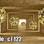 پوستر دیواری سه‌بعدی کره‌های طلایی هندسی در تونل سنگی مدرن