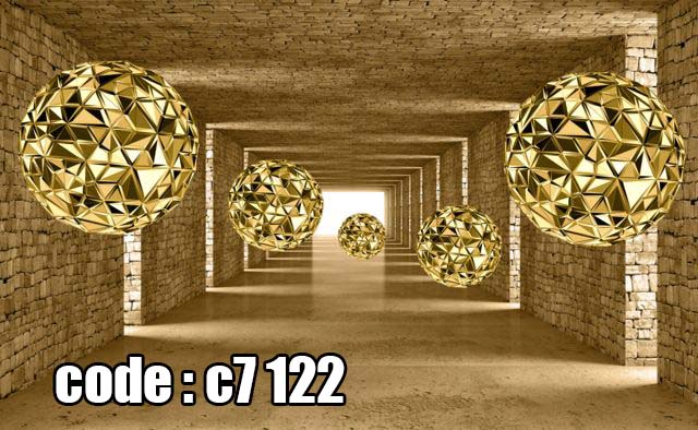 c7__122_ پوستر دیواری سهبعدی کرههای طلایی هندسی در تونل سنگی مدرن