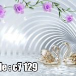 پوستر دیواری سه‌بعدی قوهای طلایی عاشقانه با گل‌های بنفش