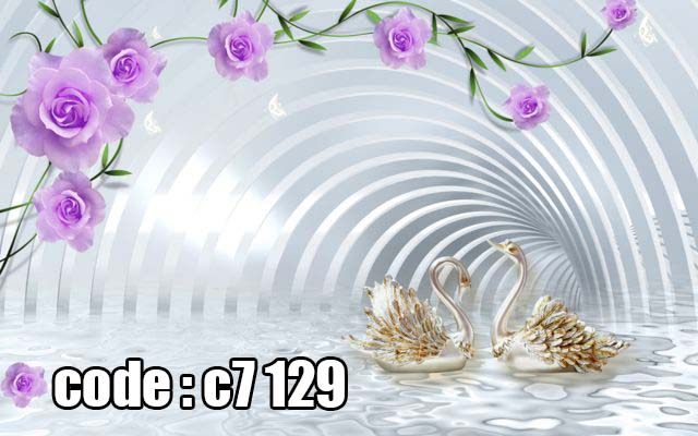 c7__129_ پوستر دیواری سهبعدی قوهای طلایی عاشقانه با گلهای بنفش