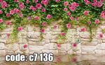 پوستر دیواری سه‌بعدی دیوار سنگی با گل‌های رز صورتی و پیچک طبیعی