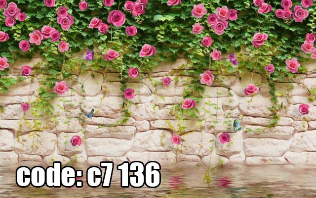 c7__136_ پوستر دیواری سهبعدی دیوار سنگی با گلهای رز صورتی و پیچک طبیعی