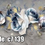 پوستر دیواری سه‌بعدی رز آبی نقره‌ای با گل سفید و مروارید