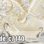 پوستر دیواری سه‌بعدی قوهای نقره‌ای عاشقانه با گل‌های سفید و پیچک طلایی