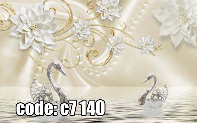 پوستر دیواری سه‌بعدی قوهای نقره‌ای عاشقانه با گل‌های سفید و پیچک طلایی