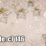 پوستر دیواری سه‌بعدی گل‌های مرواریدی و پروانه‌های سفید (لوکس کرم و طلایی)