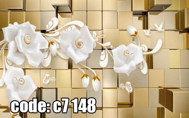 c7__148_ پوستر دیواری سهبعدی گلهای سفید برجسته روی زمینه مکعبی طلایی