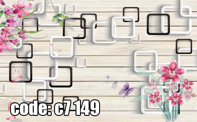 c7__149_ پوستر دیواری سهبعدی قابهای هندسی مشکی و سفید با گلهای ارکیده صورتی