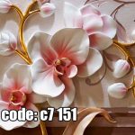 پوستر دیواری سه‌بعدی گل ارکیده صورتی و سفید با شاخه‌های طلایی