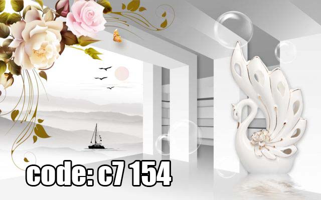c7__154_ پوستر دیواری سهبعدی قو سفید و گل رز کرم