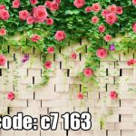 پوستر دیواری سه‌بعدی دیوار آجری با رزهای صورتی و پیچک سبز (طرح باغی)