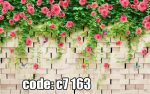 پوستر دیواری سه‌بعدی دیوار آجری با رزهای صورتی و پیچک سبز (طرح باغی)
