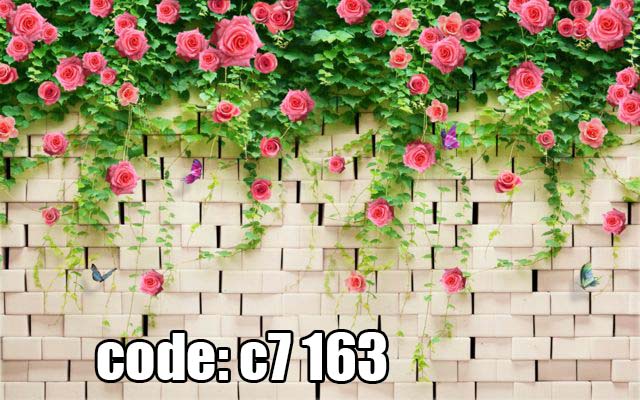 c7__163_ پوستر دیواری سهبعدی دیوار آجری با رزهای صورتی و پیچک سبز (طرح باغی)