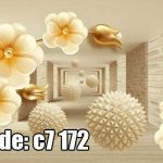پوستر دیواری سه‌بعدی راهروی لوکس با گل‌های طلایی برجسته و عمق بی‌نهایت