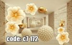پوستر دیواری سه‌بعدی راهروی لوکس با گل‌های طلایی برجسته و عمق بی‌نهایت