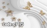 پوستر دیواری سه‌بعدی گل و پروانه طلایی روی زمینه سفید موج‌دار