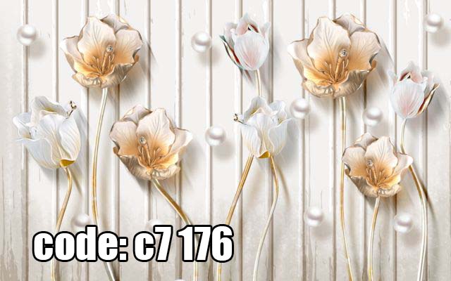 پوستر دیواری سه‌بعدی گل‌های سفید و طلایی مرواریدی با جلوه لوکس