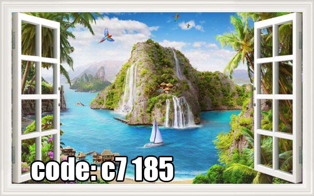 c7__185_ پوستر دیواری سهبعدی منظره جزیره استوایی با پنجره رو به دریا و آبشار