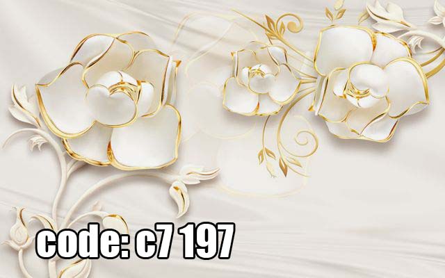 c7__197_ پوستر دیواری سهبعدی گلهای سفید طلایی ظریف با زمینه روشن ابریشمی