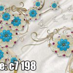 پوستر دیواری سه‌بعدی گل‌های فیروزه‌ای و سفید با تزئینات طلایی