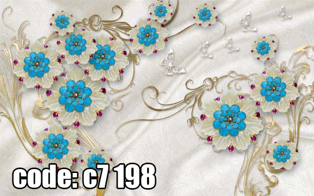 پوستر دیواری سه‌بعدی گل‌های فیروزه‌ای و سفید با تزئینات طلایی
