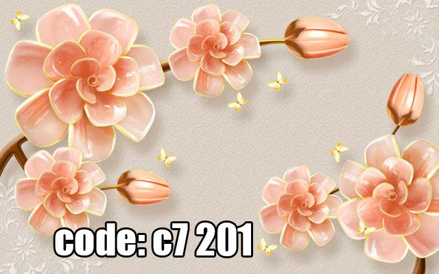 پوستر دیواری سه‌بعدی گل‌های صدفی هلویی با پروانه‌های طلایی لوکس