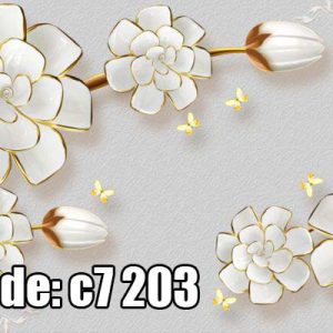 پوستردیواری سه بعدی طرح گل مصنوعی رنگ سفید با زمینه طوسی