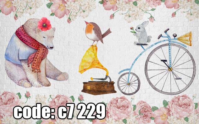 پوستر دیواری سه‌بعدی کودک طرح خرس، پرنده و دوچرخه فانتزی