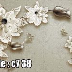 پوستر دیواری سه‌بعدی گل‌های سفید برجسته متالیک | طرح مینیمال لوکس و آرام