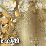 پوستر دیواری سه‌بعدی گل رز سفید و حلقه‌های طلایی | طرح اشرافی کلاسیک