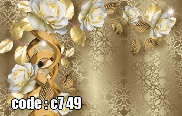پوستر دیواری سه‌بعدی گل رز سفید و حلقه‌های طلایی | طرح اشرافی کلاسیک
